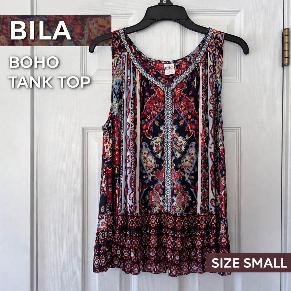 Bila Boho Tank‎ Top Size Small Multicolor Tribal Print Sleeveless Ruffle Hem